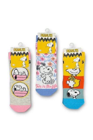 PEANUTS Snoopy Lisanslı Kız Çocuk 3 Çift Soket Çorap 21603 - Resim 3
