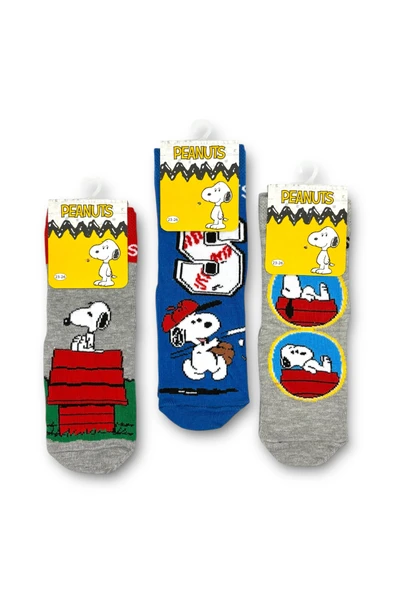 PEANUTS Snoopy Lisanslı Erkek Çocuk 3 Çift Soket Çorap 21606 - Resim 3