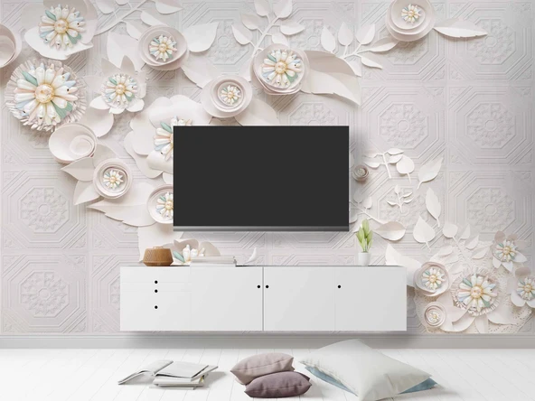 3 Boyutlu Beyaz Çiçek İnci motifli Duvar Kağıdı Baskı - Resim 3