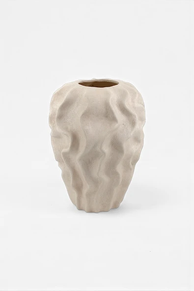 Serenité Bej Dalgalı Sarmaşık Desenli Seramik Küp Vazo (18x25.5 cm) - Resim 3