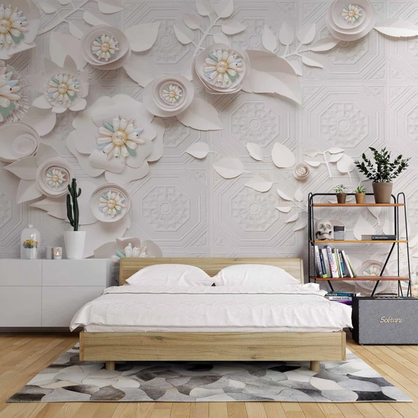 3 Boyutlu Beyaz Çiçek İnci motifli Duvar Kağıdı Baskı - Resim 2