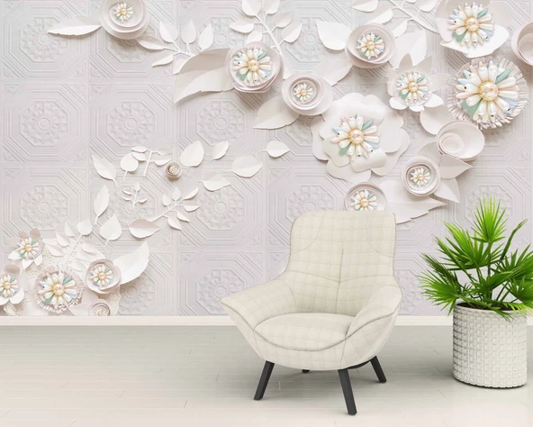 3 Boyutlu Beyaz Çiçek İnci motifli Duvar Kağıdı Baskı - Resim 6