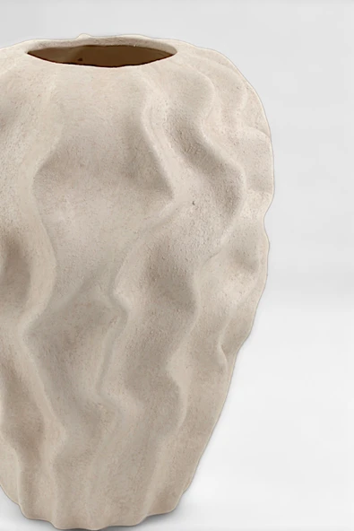 Serenité Bej Dalgalı Sarmaşık Desenli Seramik Küp Vazo (18x25.5 cm) - Resim 4