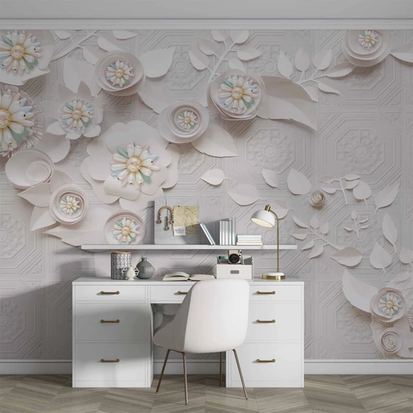 3 Boyutlu Beyaz Çiçek İnci motifli Duvar Kağıdı Baskı - Resim 4