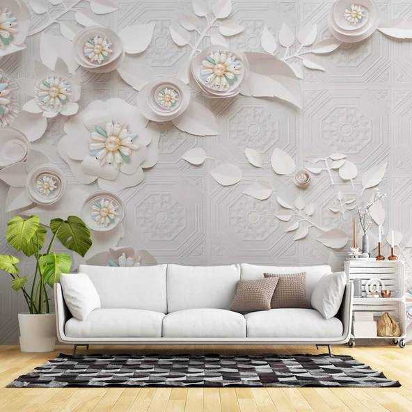 3 Boyutlu Beyaz Çiçek İnci motifli Duvar Kağıdı Baskı ürün görseli
