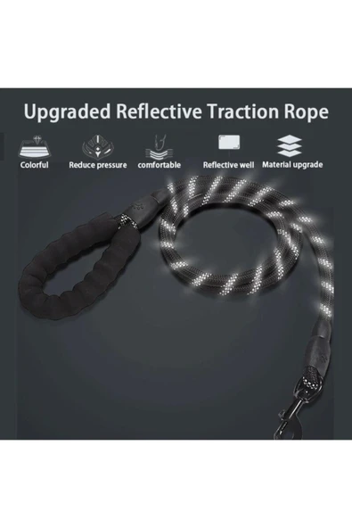 Köpekler İçin Gezdirme Tasması Reflektörlü 130 Cm Halat Orta Ve Büyük Boy Köpekler İçin Siyah - Resim 3
