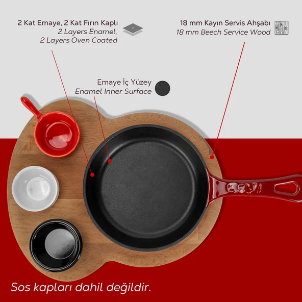 Lava Döküm Yuvarlak Kızartma Tavası Yekpare Saplı Kayın Ahşap Altlık. Çap(Ø)16cm. (Bu ürüne sos kapları dahil değildir)-Bordo - Resim 6