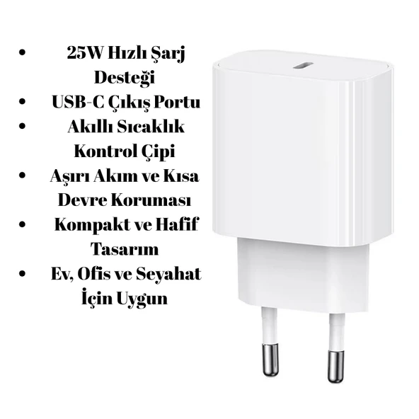 25W USB-C Hızlı Şarj Adaptörü  Akıllı Çipli, Güvenli ve Kompakt Tasarım