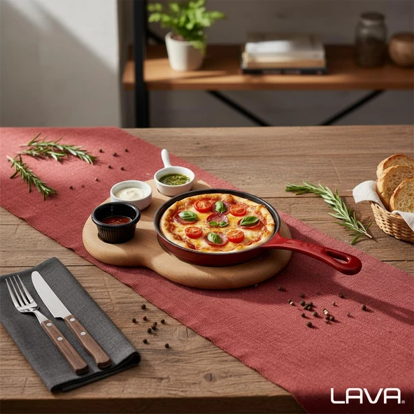 Lava Döküm Yuvarlak Kızartma Tavası Yekpare Saplı Kayın Ahşap Altlık. Çap(Ø)16cm. (Bu ürüne sos kapları dahil değildir)-Bordo - Resim 7