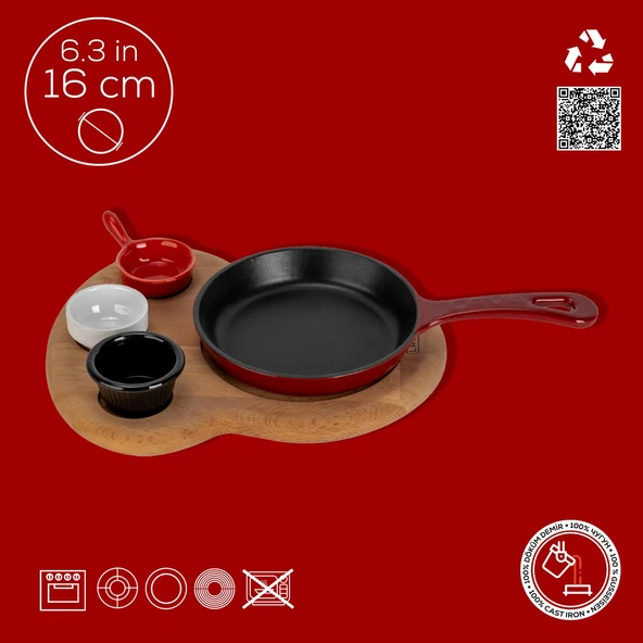 Lava Döküm Yuvarlak Kızartma Tavası Yekpare Saplı Kayın Ahşap Altlık. Çap(Ø)16cm. (Bu ürüne sos kapları dahil değildir)-Bordo - Resim 4
