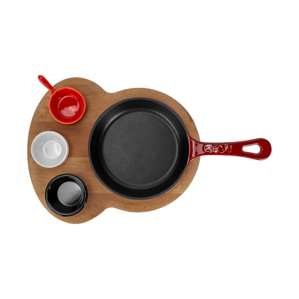 Lava Döküm Yuvarlak Kızartma Tavası Yekpare Saplı Kayın Ahşap Altlık. Çap(Ø)16cm. (Bu ürüne sos kapları dahil değildir)-Bordo - Resim 3