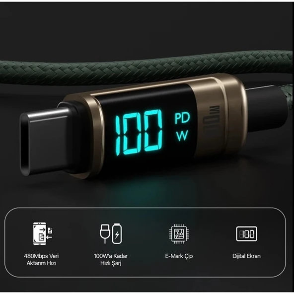 BİX BX09CC-BN BRONZ TYPE-C 100W 1 metre DİJİTAL EKRANLI ŞARJ VE DATA KABLOSU - 3