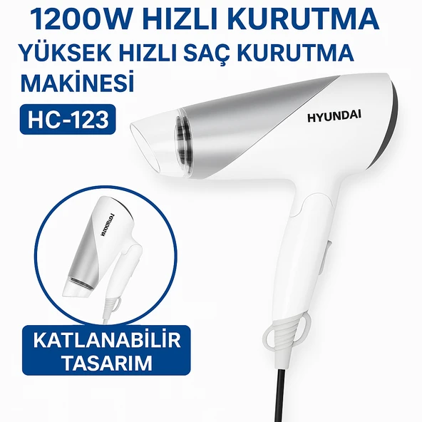 Hyundai 1200W Güçlü ve Katlanabilir Seyahat Tipi Saç Kurutma Makinesi