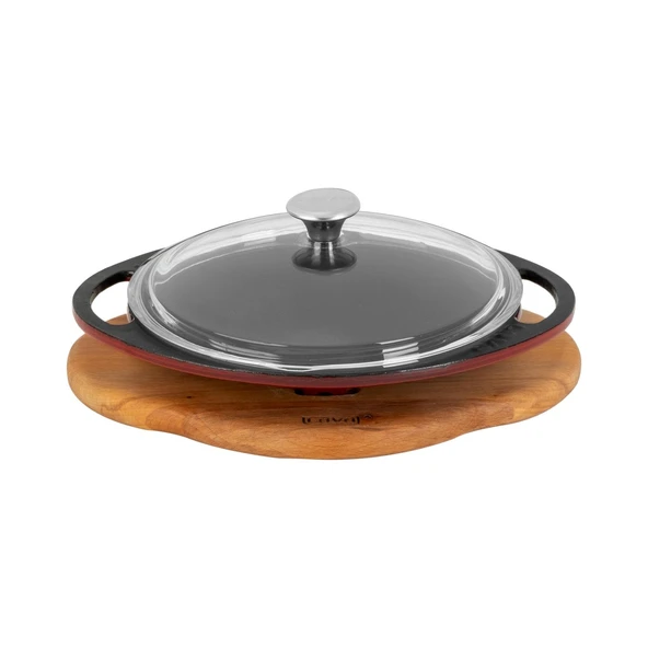 Lava Döküm Yuvarlak Saç Kavurma Tavası Döküm Demir Yekpare Çift Kulplu Cam Kapaklı Kayın Servis Ahşabı Çap(Ø)20cm.-Bordo ürün görseli