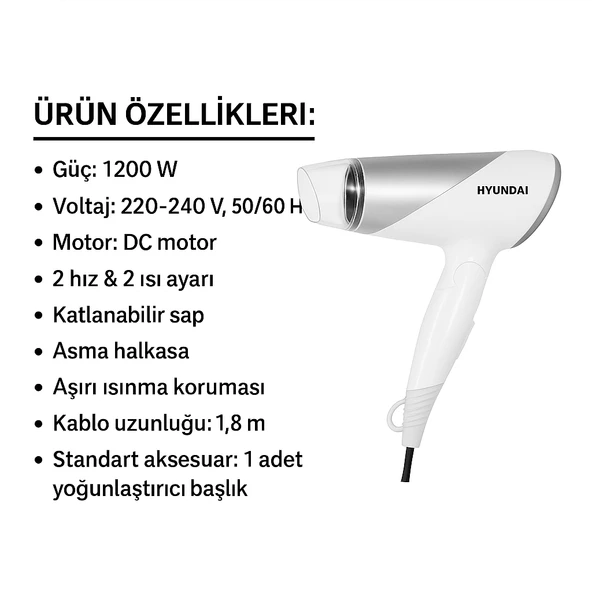 Hyundai 1200W Güçlü ve Katlanabilir Seyahat Tipi Saç Kurutma Makinesi - 6