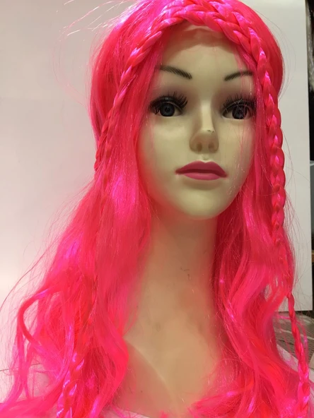 Neon Pembe Renk Örgülü Helen Karakter Peruğu Takma Saç - Resim 2