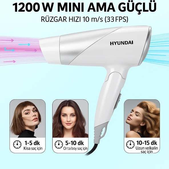 Hyundai 1200W Güçlü ve Katlanabilir Seyahat Tipi Saç Kurutma Makinesi - 2