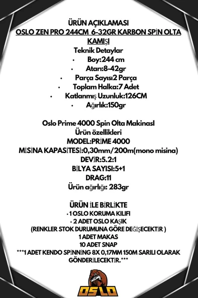 Oslo Zen Pro 244cm 6-32gr Oslo Prime 4000 Spin Olta Seti - Resim 2