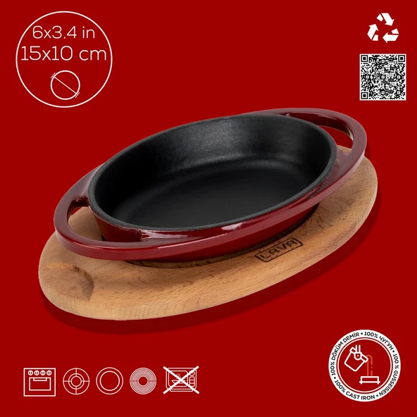 Lava Döküm Oval Sahan Döküm Demir Yekpare Çift Kulplu Kayın Servis Ahşabı Ölçü 15x10cm.-Bordo - Resim 4