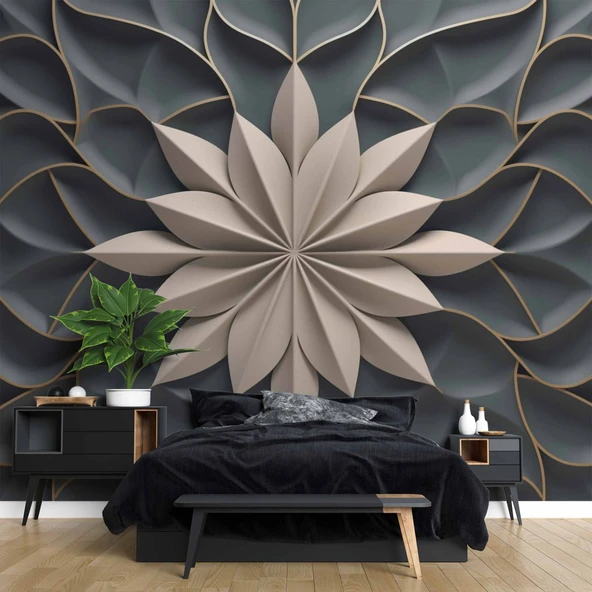 3 Boyutlu Beyaz Çiçek, Kabartma Siyah Duvar Kağıdı - Resim 2