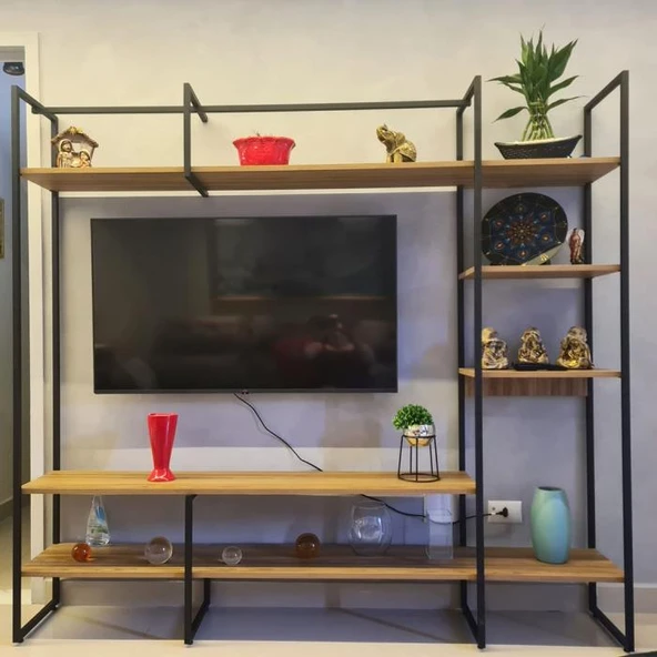 Metal Tv Ünitesi, Tv Sehpası, Duvar Ünitesi Atlantik Çam Metal Ayaklı Siyah 200x34x185 - 7
