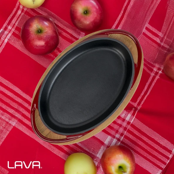 Lava Döküm Oval Sahan Döküm Demir Yekpare Çift Kulplu Kayın Servis Ahşabı Ölçü 21x14cm. (Sos Kapları Dahil Değildir.)-Bordo - Resim 7