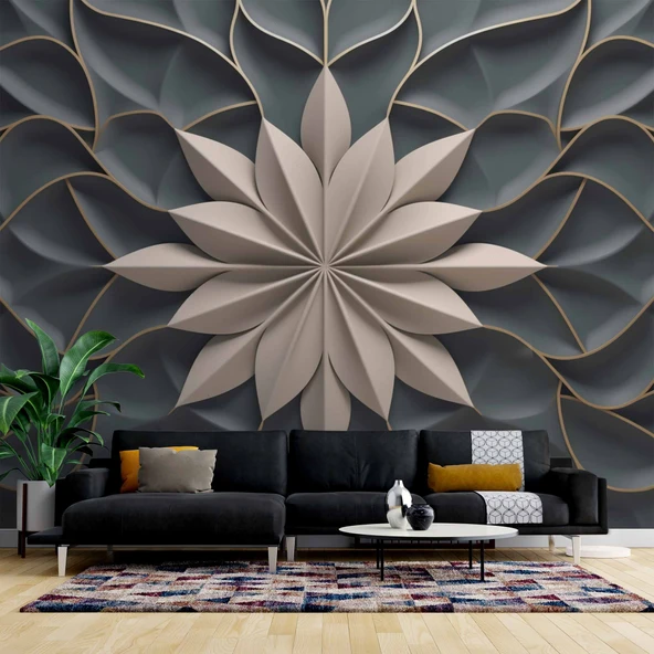 3 Boyutlu Beyaz Çiçek, Kabartma Siyah Duvar Kağıdı ürün görseli