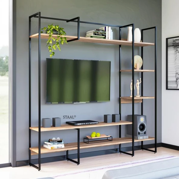 Metal Tv Ünitesi, Tv Sehpası, Duvar Ünitesi Atlantik Çam Metal Ayaklı Siyah 200x34x185