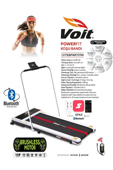 Voit Powerfit 12km Hız Brushless Motor, Işıklı-Manuel Eğim-Kumandalı-Bluetooth'lu-Katlanabilir Koşu Bandı - 5