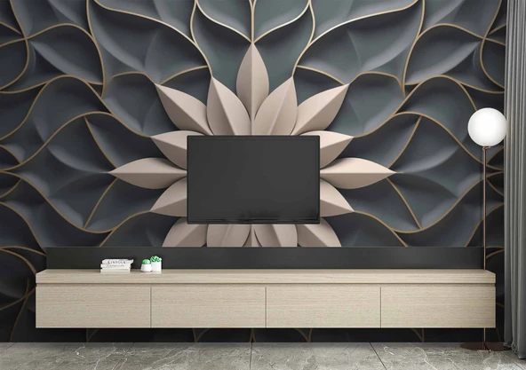 3 Boyutlu Beyaz Çiçek, Kabartma Siyah Duvar Kağıdı - Resim 3