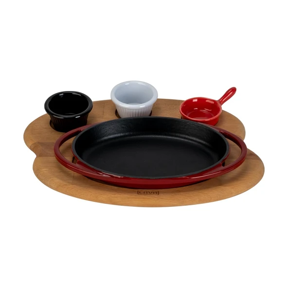 Lava Döküm Oval Sahan Döküm Demir Yekpare Çift Kulplu Kayın Servis Ahşabı Ölçü 21x14cm. (Sos Kapları Dahil Değildir.)-Bordo ürün görseli 1