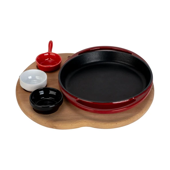 Lava Döküm Yuvarlak Sahan Döküm Demir Yekpare Çift Kulplu Kayın Servis Ahşabı Çap(Ø)20cm. (Sos kapları dahil değildir.)-Bordo ürün görseli