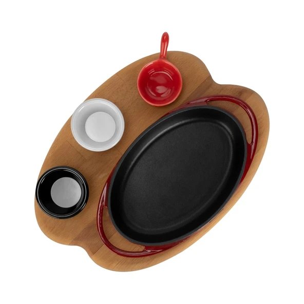 Lava Döküm Oval Sahan Döküm Demir Yekpare Çift Kulplu Kayın Servis Ahşabı Ölçü 21x14cm. (Sos Kapları Dahil Değildir.)-Bordo - Resim 3