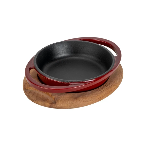 Lava Döküm Yuvarlak Sahan Döküm Demir Yekpare Çift Kulplu Kayın Servis Ahşabı Çap(Ø)12cm.-Bordo - Resim 2