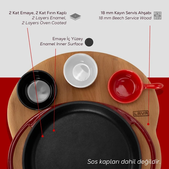 Lava Döküm Yuvarlak Sahan Döküm Demir Yekpare Çift Kulplu Kayın Servis Ahşabı Çap(Ø)20cm. (Sos kapları dahil değildir.)-Bordo - Resim 6