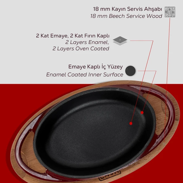 Lava Döküm Oval Sahan Döküm Demir Yekpare Çift Kulplu Kayın Servis Ahşabı Ölçü 15x10cm.-Bordo - Resim 6