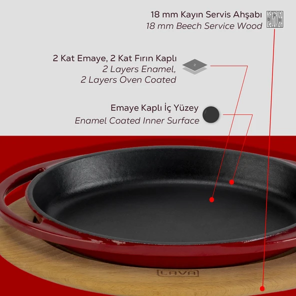 Lava Döküm Oval Sahan Döküm Demir Yekpare Çift Kulplu Kayın Servis Ahşabı Ölçü 21x14cm. (Sos Kapları Dahil Değildir.)-Bordo - Resim 6