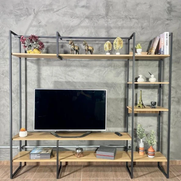 Metal Tv Ünitesi, Tv Sehpası, Duvar Ünitesi Atlantik Çam Metal Ayaklı Siyah 200x34x185 - 4