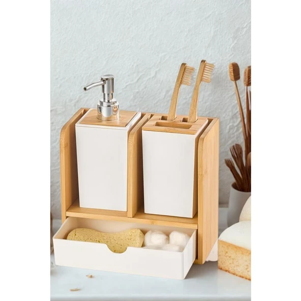 Piev Standlı Çekmeceli Bambu Sabunluk Diş Fırçalık - 3