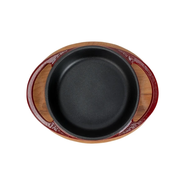 Lava Döküm Yuvarlak Sahan Döküm Demir Yekpare Çift Kulplu Kayın Servis Ahşabı Çap(Ø)12cm.-Bordo - Resim 3
