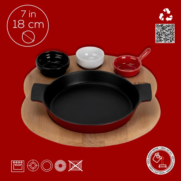 Lava Döküm Yuvarlak Sahan Döküm Demir Yekpare Çift Kulplu Kayın Servis Ahşabı. Çap(Ø)18cm. (Sos kapları dahil değildir.)-Bordo - Resim 4