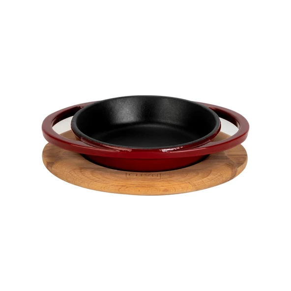 Lava Döküm Yuvarlak Sahan Döküm Demir Yekpare Çift Kulplu Kayın Servis Ahşabı Çap(Ø)12cm.-Bordo ürün görseli 1