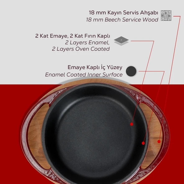 Lava Döküm Yuvarlak Sahan Döküm Demir Yekpare Çift Kulplu Kayın Servis Ahşabı Çap(Ø)12cm.-Bordo - Resim 6