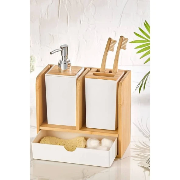 Piev Standlı Çekmeceli Bambu Sabunluk Diş Fırçalık - 1