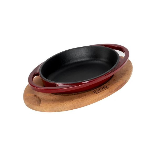 Lava Döküm Oval Sahan Döküm Demir Yekpare Çift Kulplu Kayın Servis Ahşabı Ölçü 15x10cm.-Bordo - Resim 2