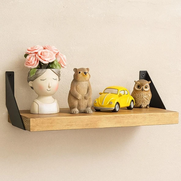 Metal Ayaklı Duvar Rafı - Demir Ayaklı Doğal Ahşap Duvar Kitaplığı 60 cm