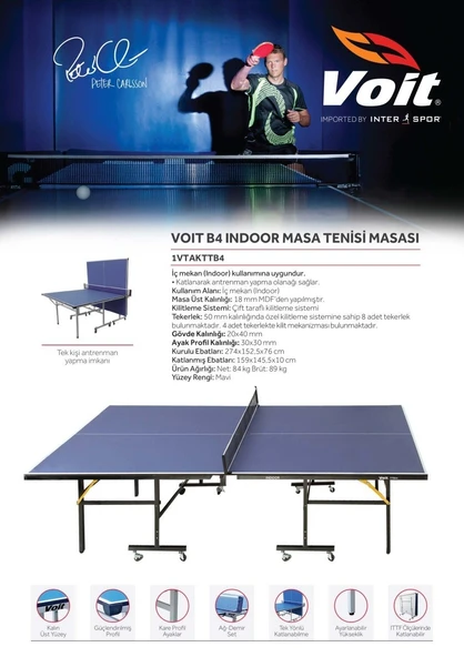 Voit B4 Indoor 18 mm Lüx Katlanabilir Mavi Masa Tenisi Masası Ağ-Demir 2 Raket 3 Top Hediyeli - 2