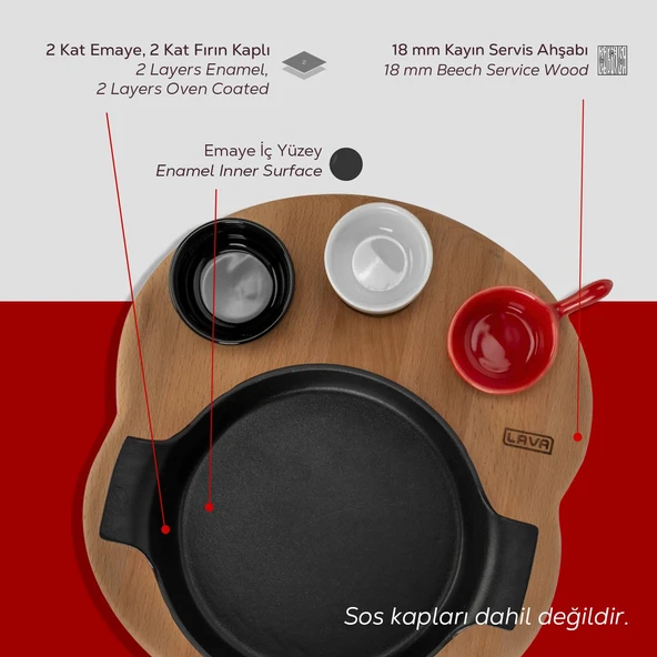 Lava Döküm Yuvarlak Sahan Döküm Demir Yekpare Çift Kulplu Kayın Servis Ahşabı. Çap(Ø)18cm. (Sos kapları dahil değildir.)-Bordo - Resim 6