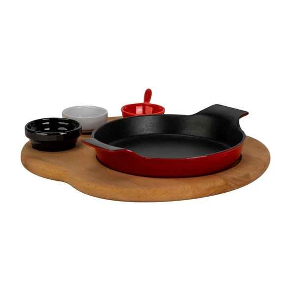 Lava Döküm Yuvarlak Sahan Döküm Demir Yekpare Çift Kulplu Kayın Servis Ahşabı. Çap(Ø)18cm. (Sos kapları dahil değildir.)-Bordo - Resim 2