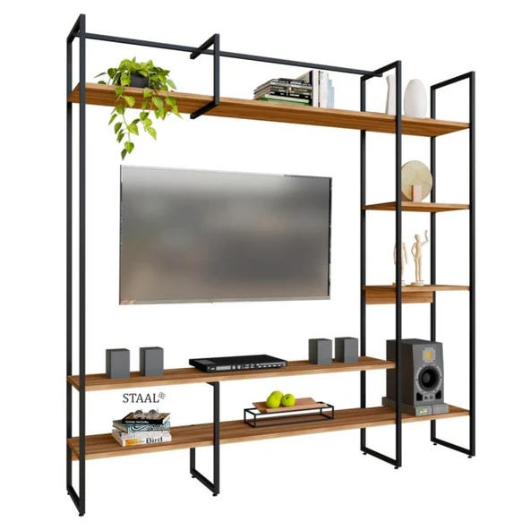 Metal Tv Ünitesi, Tv Sehpası, Duvar Ünitesi Atlantik Çam Metal Ayaklı Siyah 200x34x185 - 2